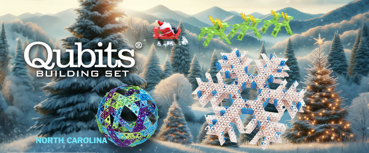 Home Page Graphic with Qubits Toy Logo and festive Christmas Scene including snowflakes and Reindeer