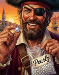 Illustration of a pirate holding a pearl and a bag labeled 'Pearlz' with a cityscape and ship in the background.