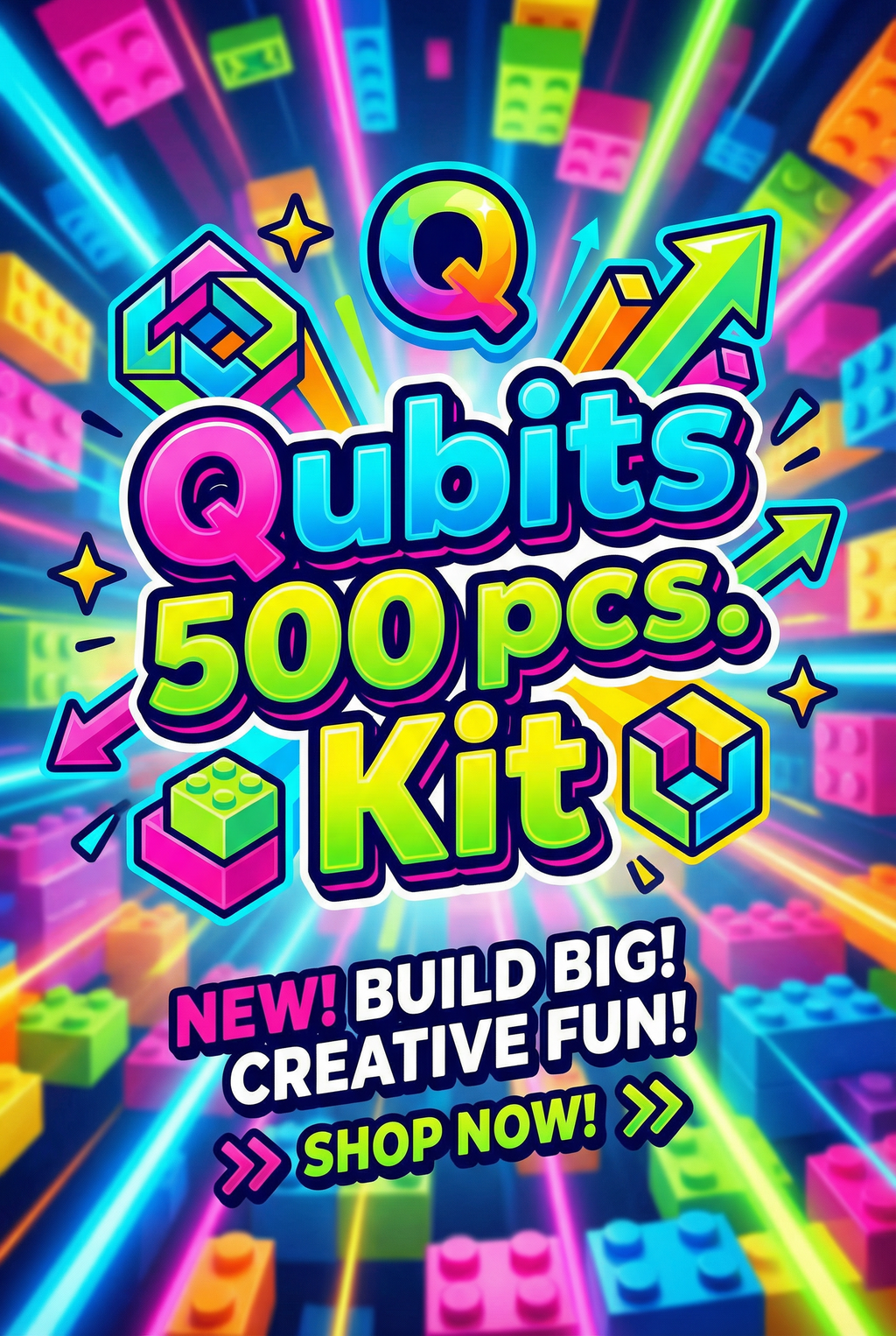 Promotional image for Qubits 500 pcs. Kit with colorful text and block design on a vibrant background.
