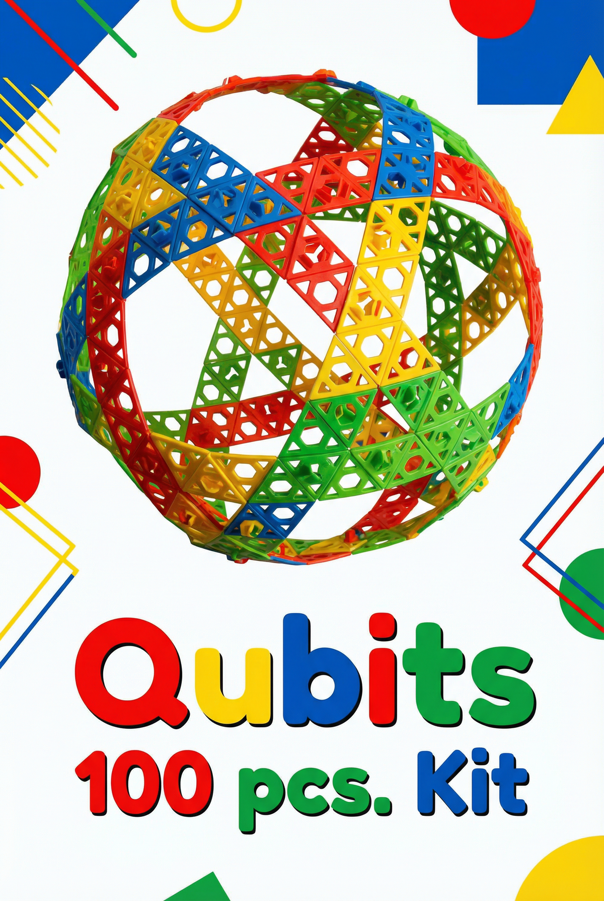 Colorful Qubits toy set with geometric shapes on a white background